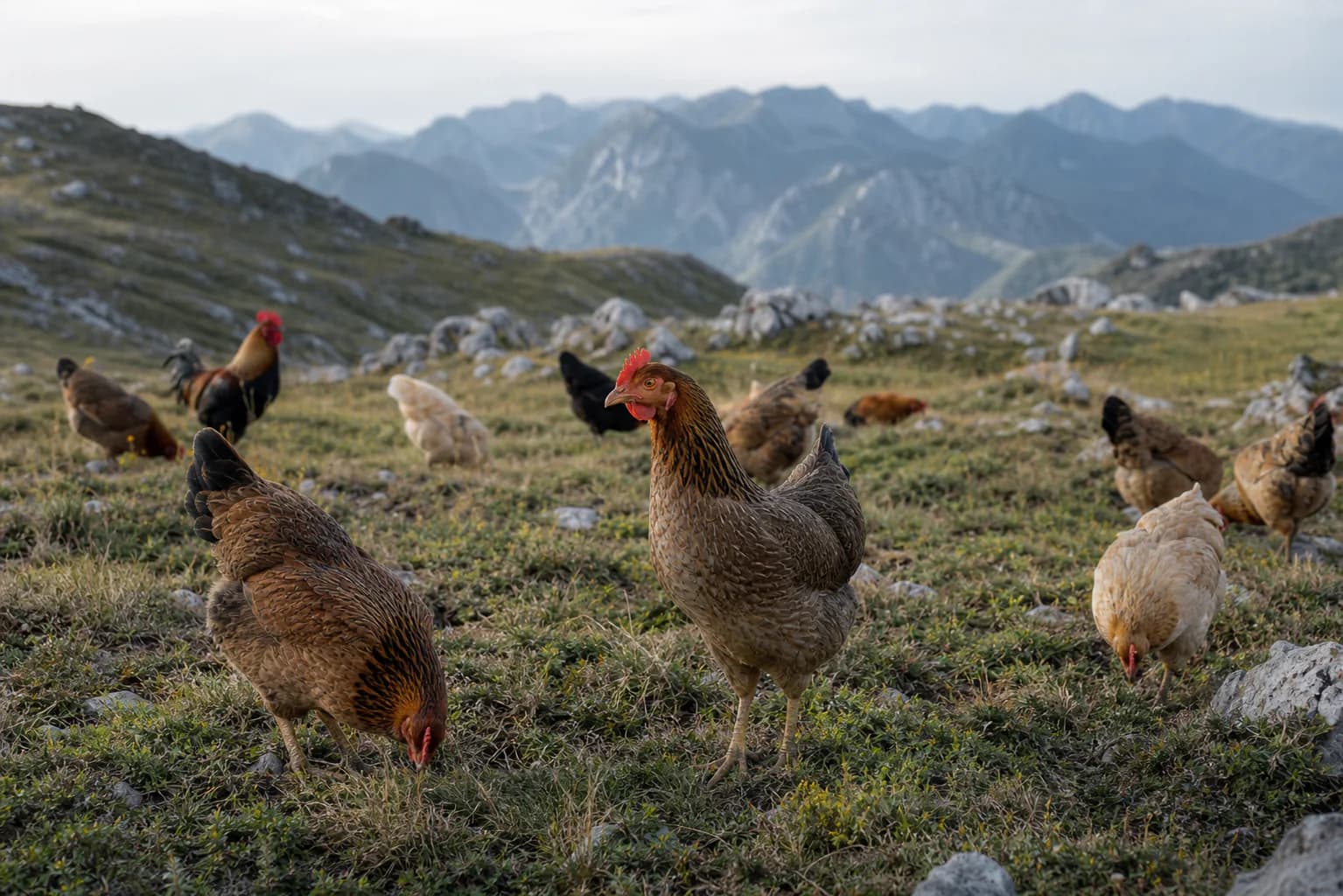 Free-ranging hens in the Open Pasture highlands
